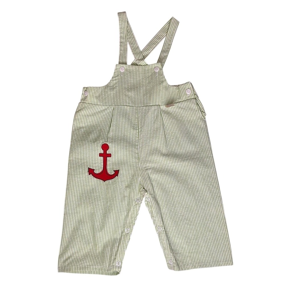 Penney's Seersucker Overalls Kids Size 18M Green White Vintage‎ Anchor Nautical